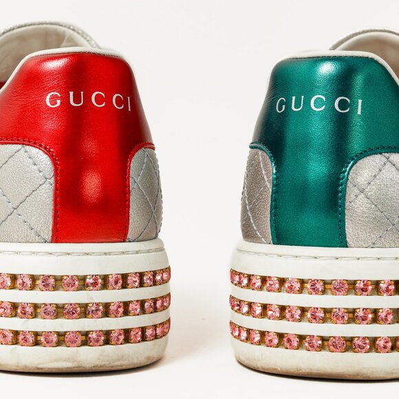 Gucci Ace Silver Quilted-Leather Bee-Webbing Crystal-Platform Sneakers - Picture 11 of 14
